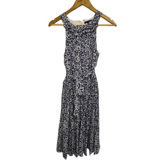 French Connection Womens Damask navy Ruffle Neck Dress Size 6 - Picture 1 of 5